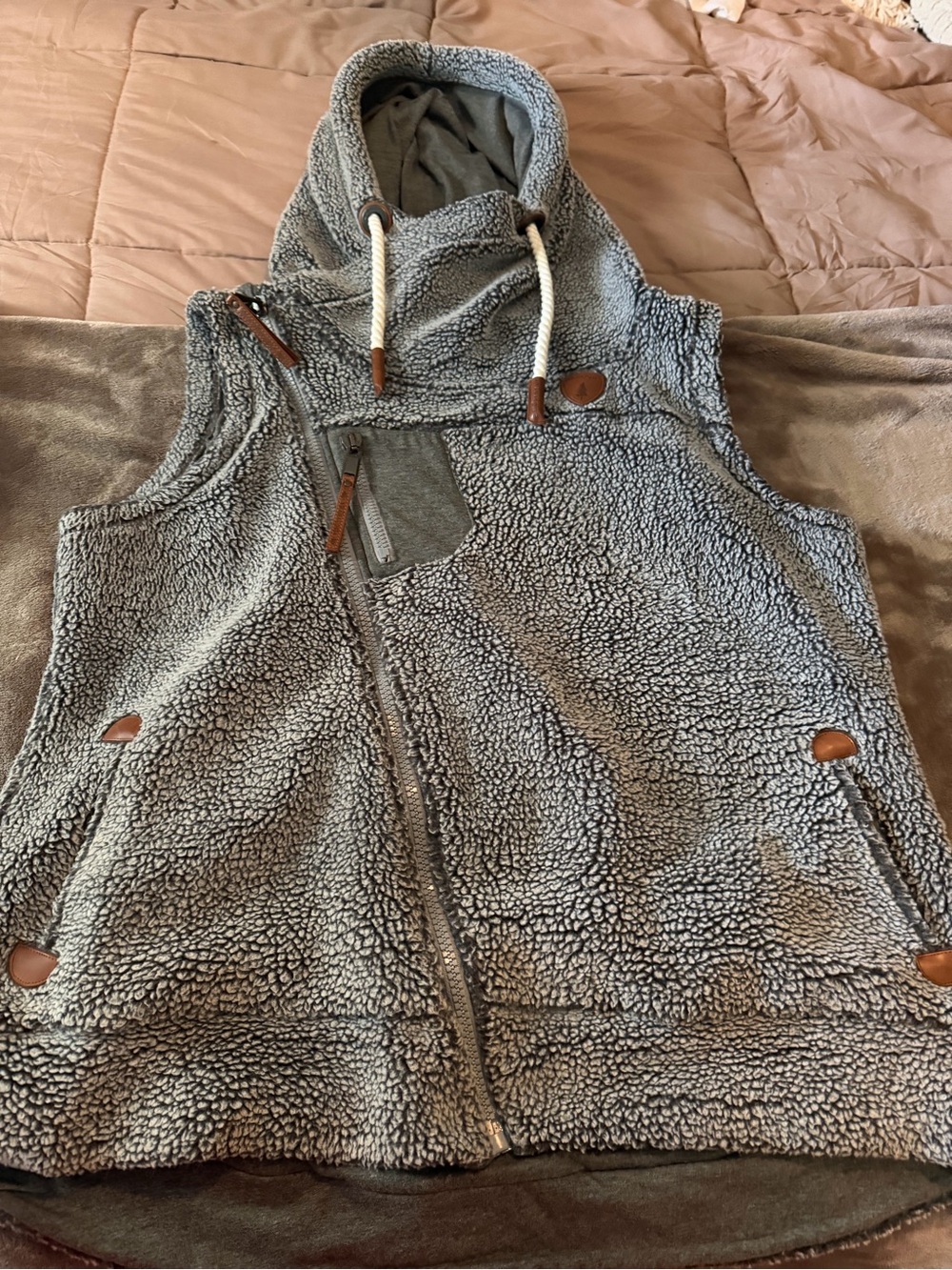 Wanakome Heather Gray Sherpa Hooded Vest with Asymmetric Zip